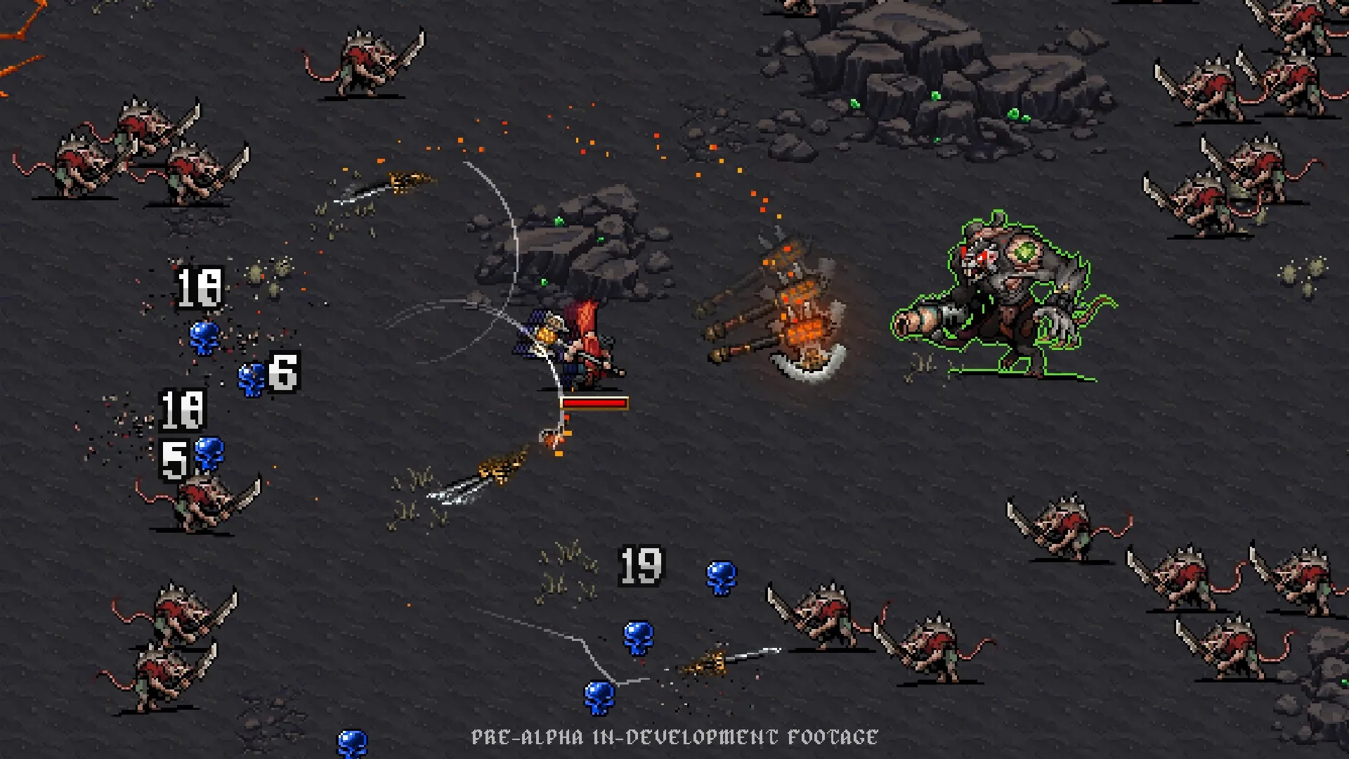 Age of Sigmar hero fighting a Skaven rat swarm with damage numbers