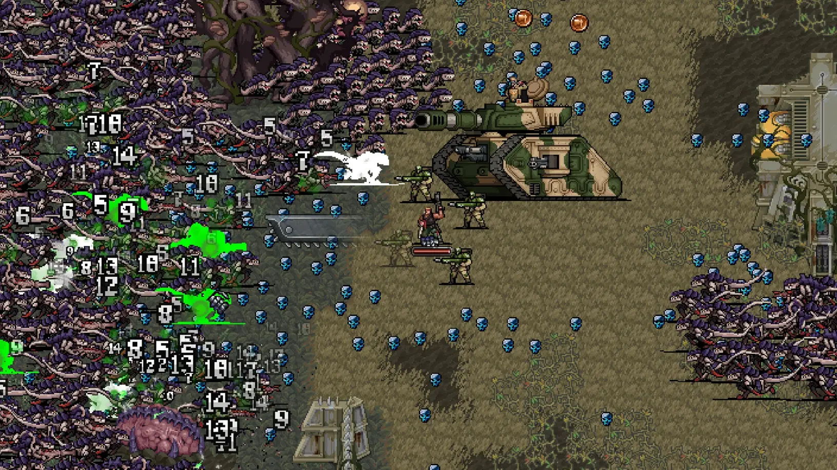 Guardsman squad and armor holding a lane against Tyranid swarm