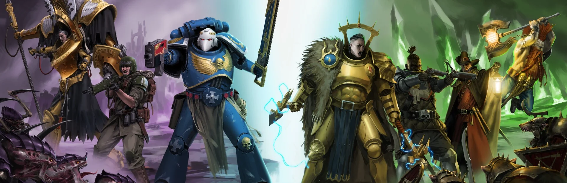 Official key art lineup of armored heroes standing against enemy swarms