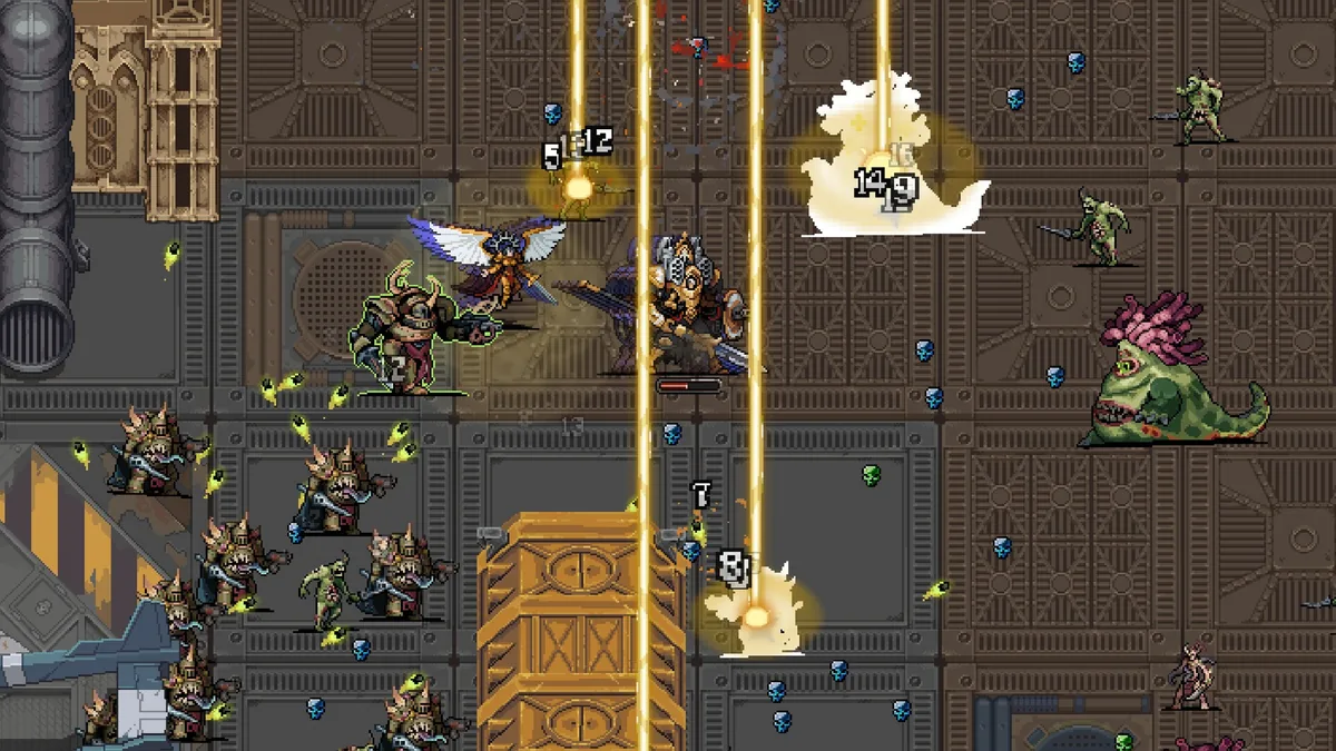 Space Hulk corridor combat with orbital bombardment beams striking Ork warriors