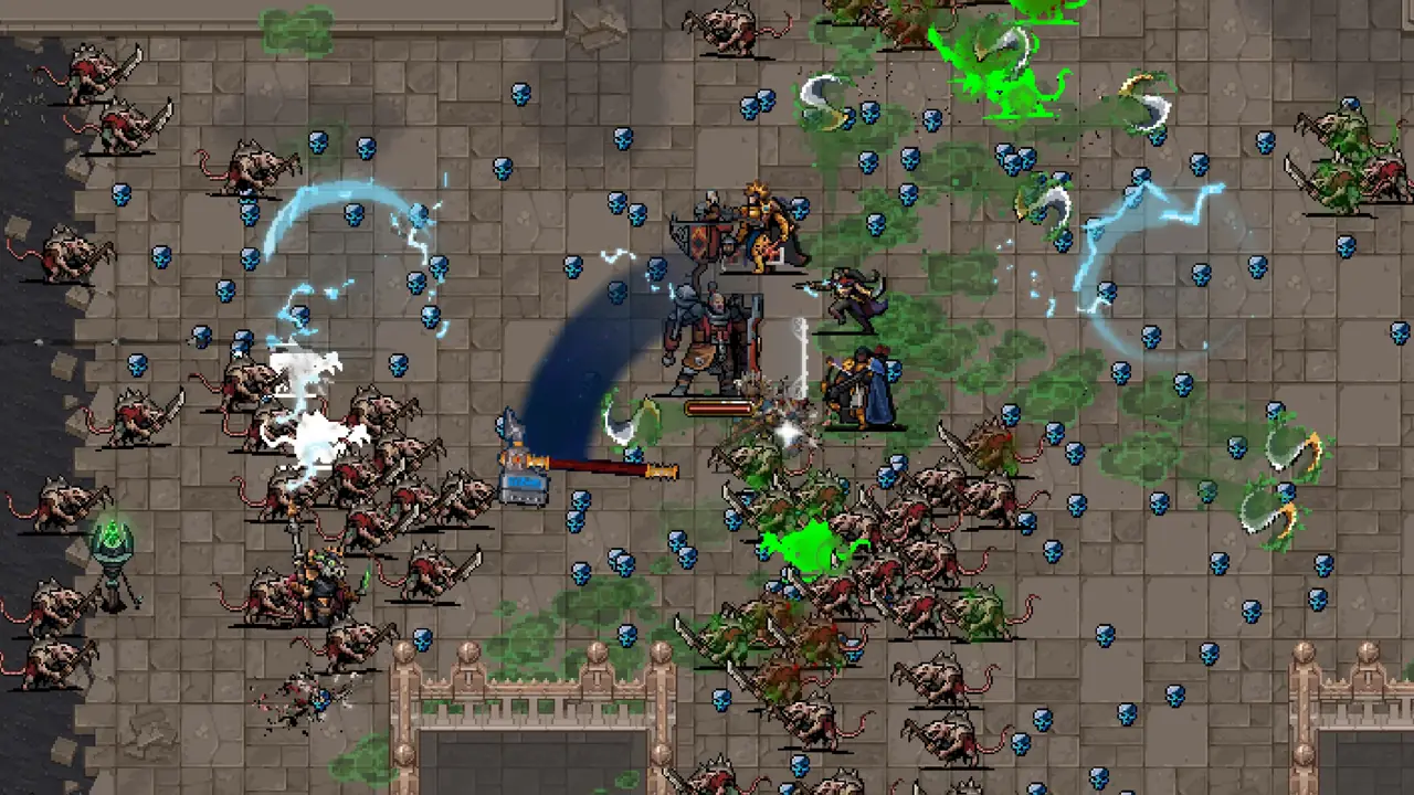 Massed Ork Boyz swarm surrounding a Space Marine and allied troopers near ruins