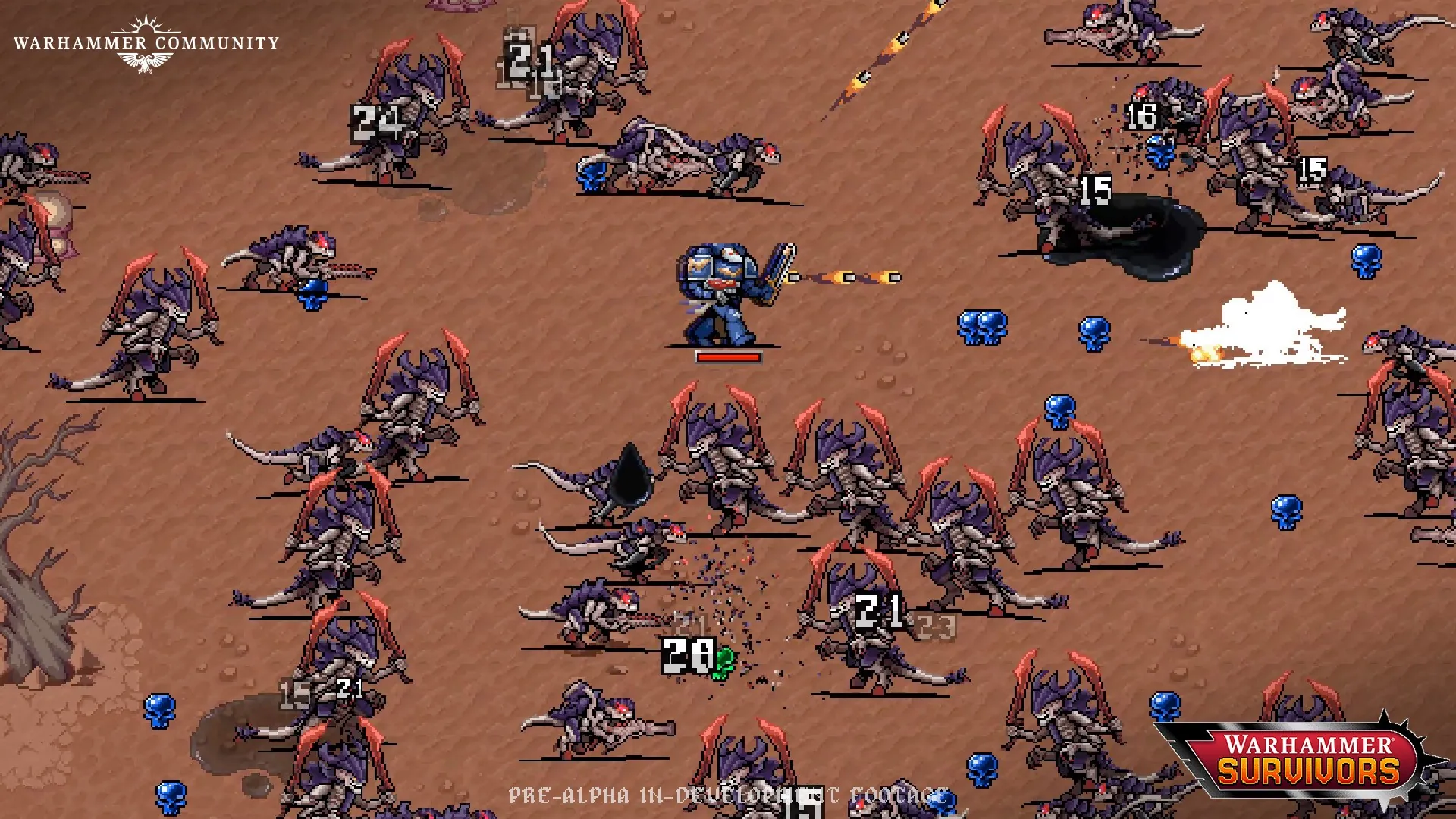Space Marine firing into a Tyranid swarm while blue skull pickups scatter across the ground