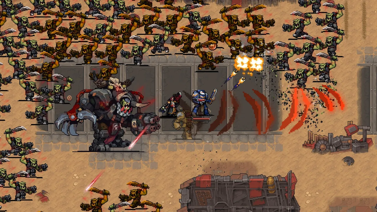 Space Marines fighting a giant Ork boss amid desert ruins