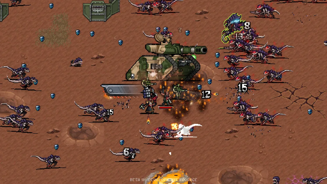 Leman Russ tank firing into Tyranid swarms on red terrain