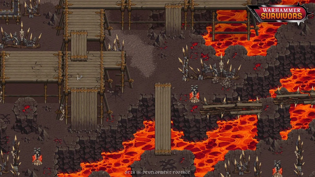 Lava fortress bridge spanning a molten river battlefield