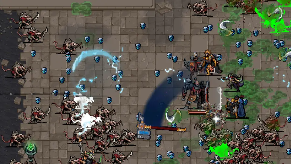 Skaven rat swarm closing in while lightning arcs crackle across the stone floor